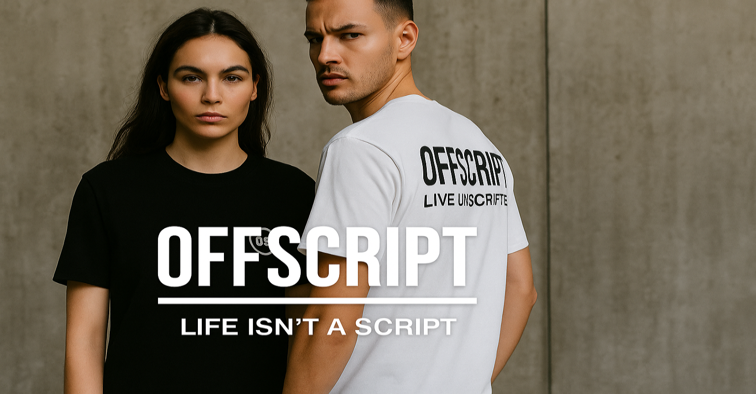 Two people wearing Offscript t-shirts with a concrete wall background