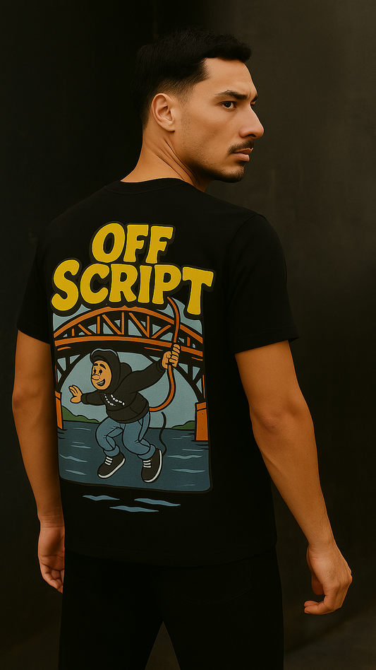 Man wearing a black t-shirt with 'OFF SCRIPT' design on the back against a dark background