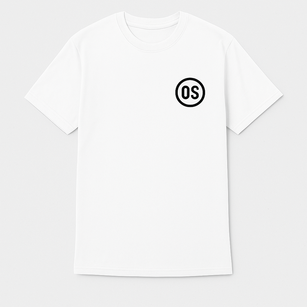 White t-shirt with a black logo on a white background