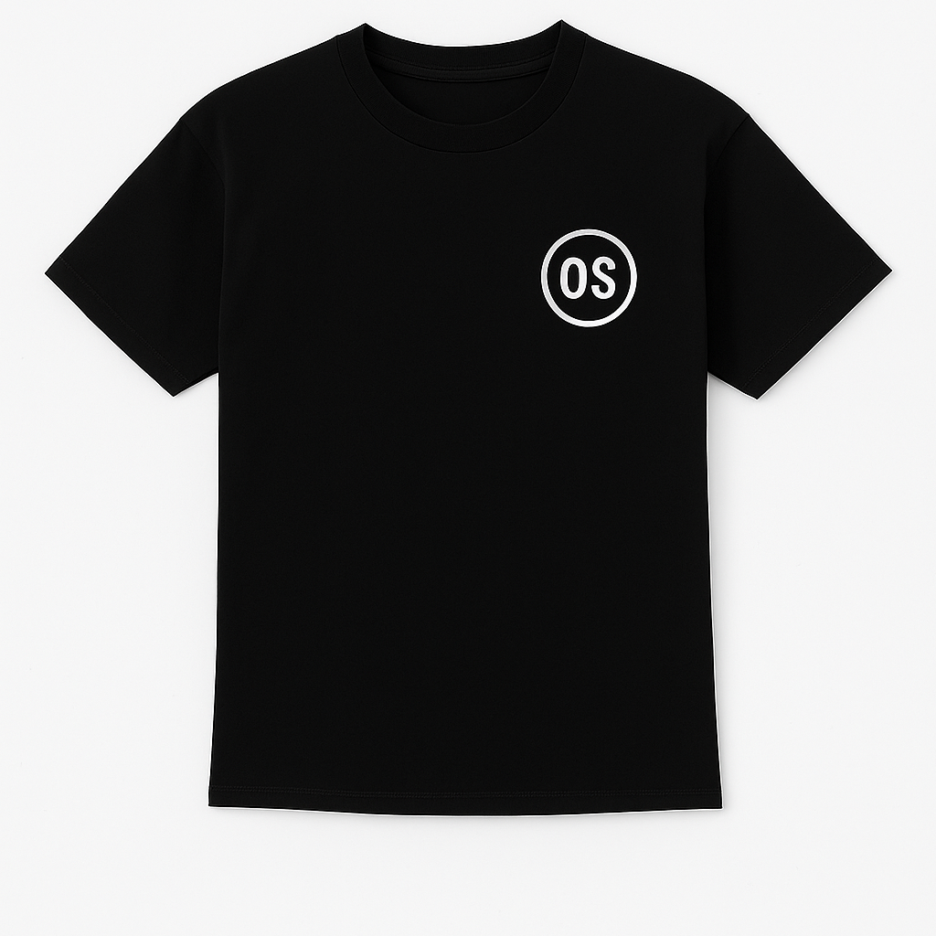 Black t-shirt with a white logo on a white background