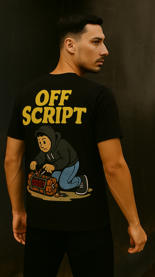Man wearing a black t-shirt with 'OFF SCRIPT' graphic design on the back against a dark background