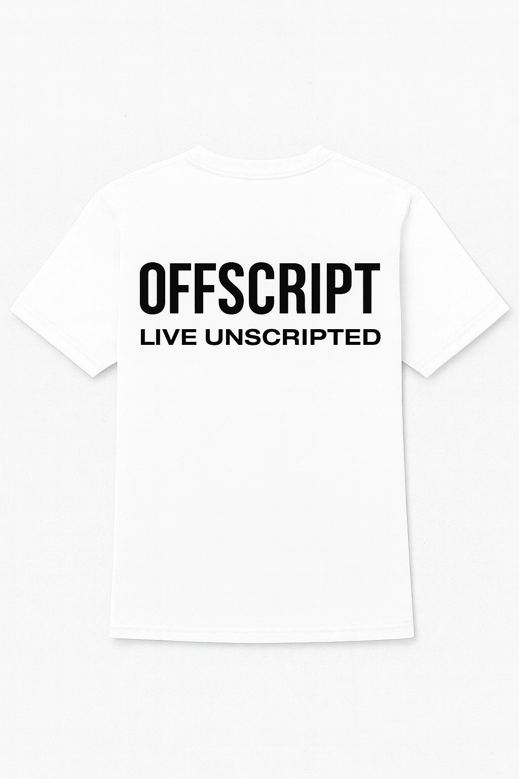 White t-shirt with 'OFFSCRIPT LIVE UNSCRIPTED' text on a white background
